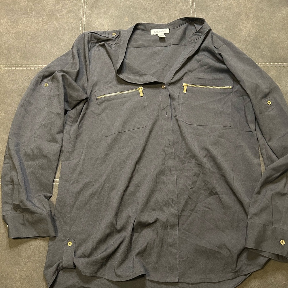 Calvin Klein Navy Button-Down Blouse with Gold Zippers